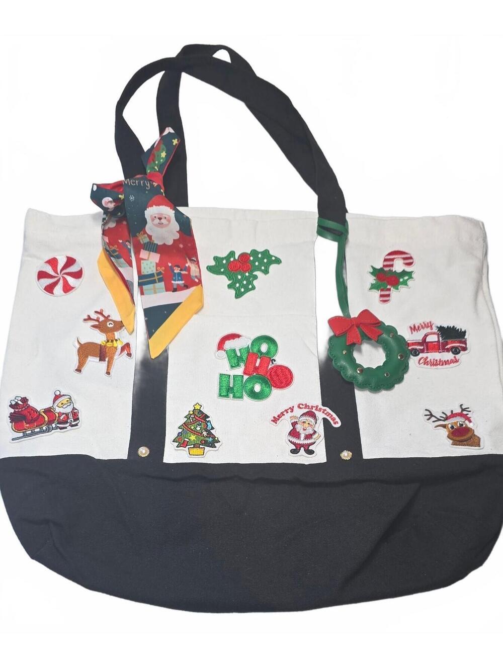 Ho Ho Ho Festive Handmade Christmas Canvas Tote w/Matching Pouch & Decor Scarf